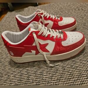 BAPE sneakers, red & white patent leather. Men's size 12.